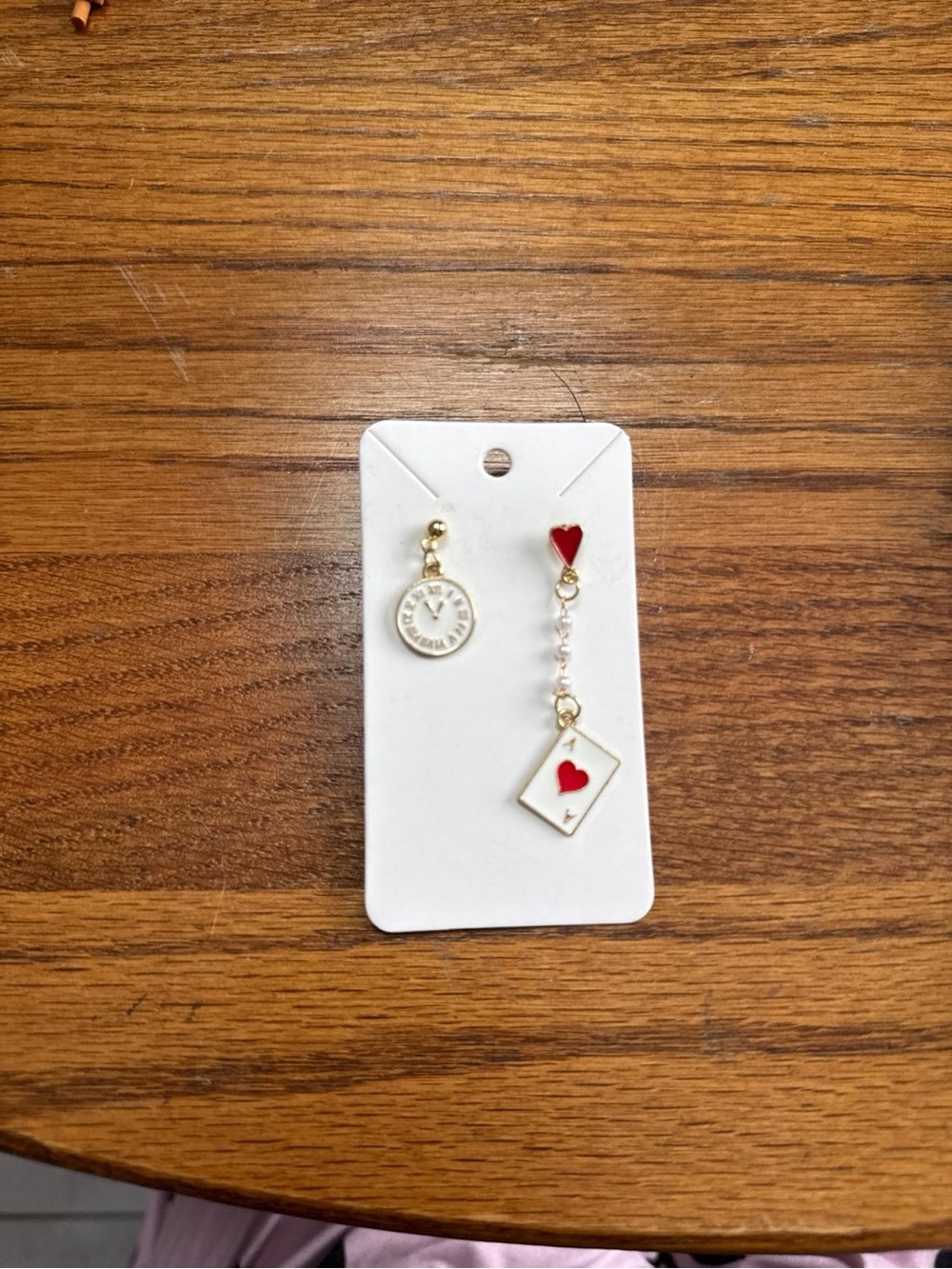 Gold Tone Asymmetrical Heart & Clock Dangle Earrings - Red Accents